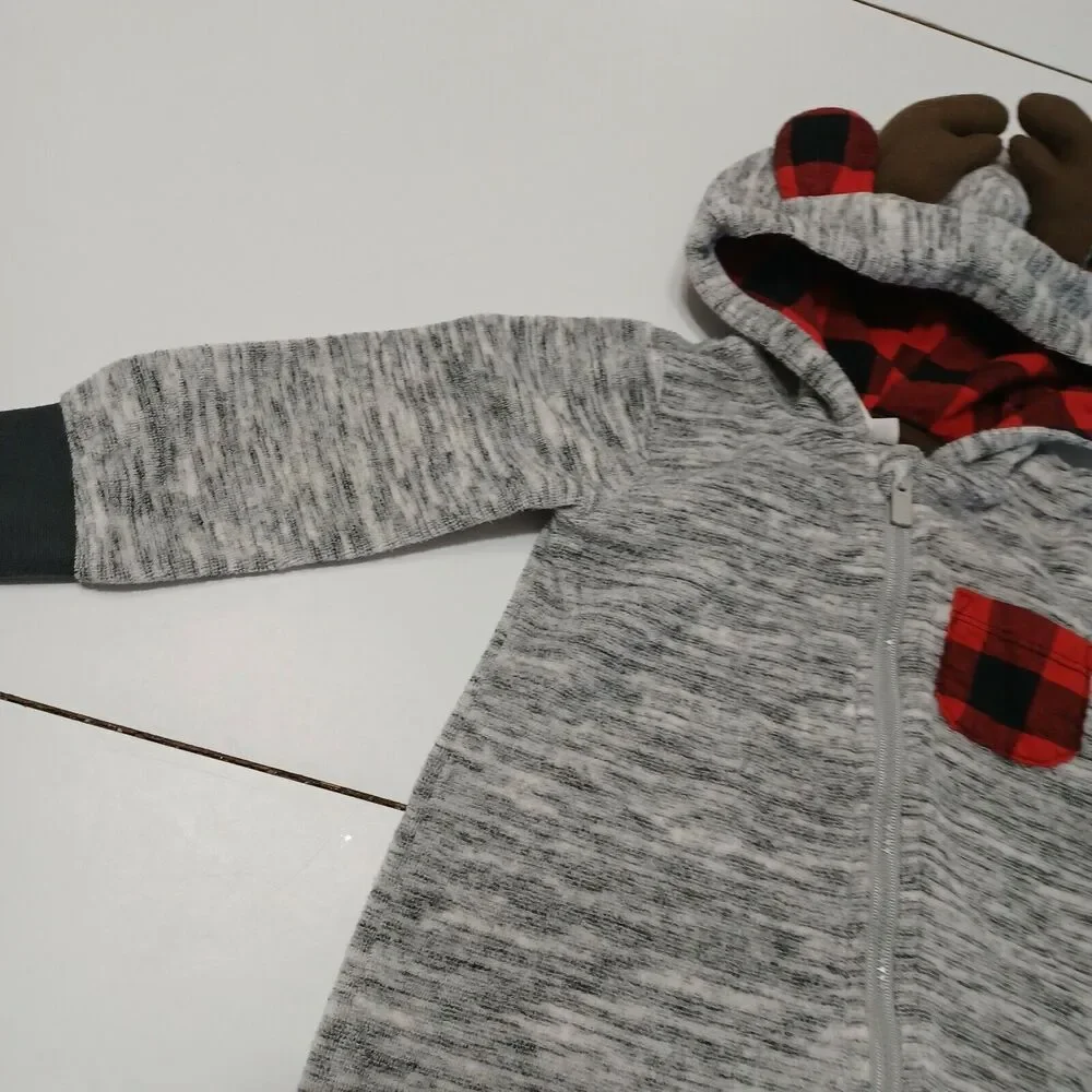Cat & Jack Baby 12M‎ Romper Gray Heathered Stretch Buffalo Plaid Ears Horns Zip